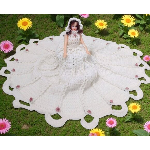 Handmade Crotchet Wedding Gown Hat Dresser Bed Doll Vintage Victorian Rosettes - Picture 1 of 6